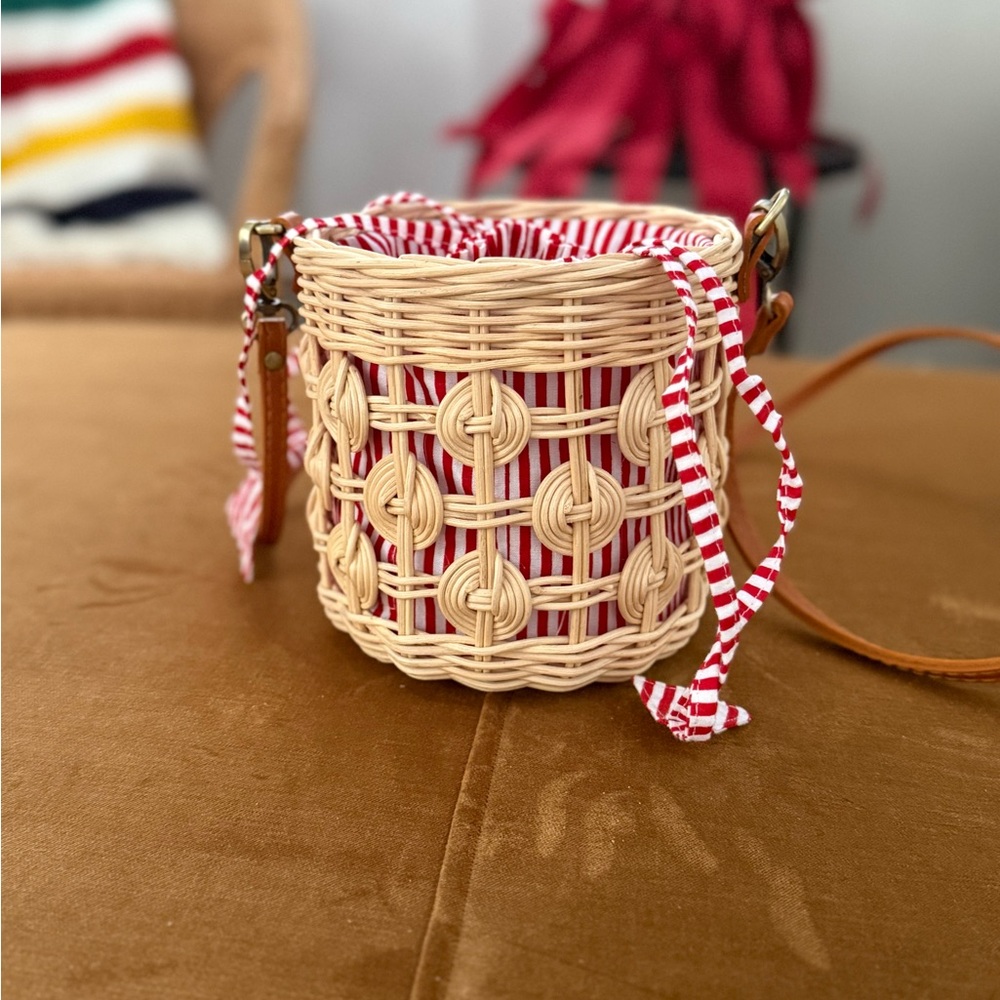 Anthropologie Wicker Crossbody Basket Bag with Red Accents